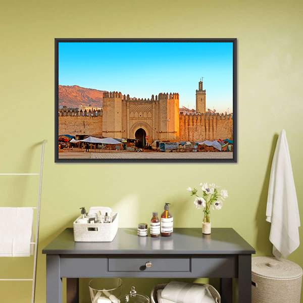 Gate to the Ancient Medina of Fez Canvas Wall Art in beige, brown and blue, framed canvas, product view on a white background