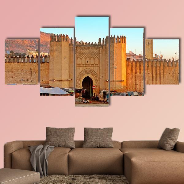 Gate To Ancient Medina Of Fez In Morocco Canvas Wall Art-5 Star-Gallery Wrap-62" x 32"-Tiaracle