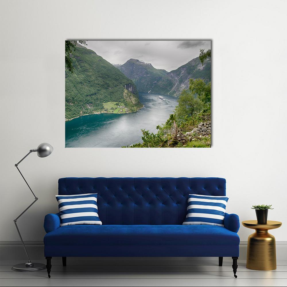 Geirangerfjord Norway Canvas Wall Art in gray, green and blue, single panel hung on a wall