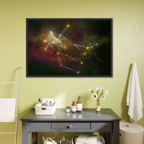 Gemini Constellation in Nebula Canvas Wall Art in black, yellow and multicolor, framed canvas, product view on a white background