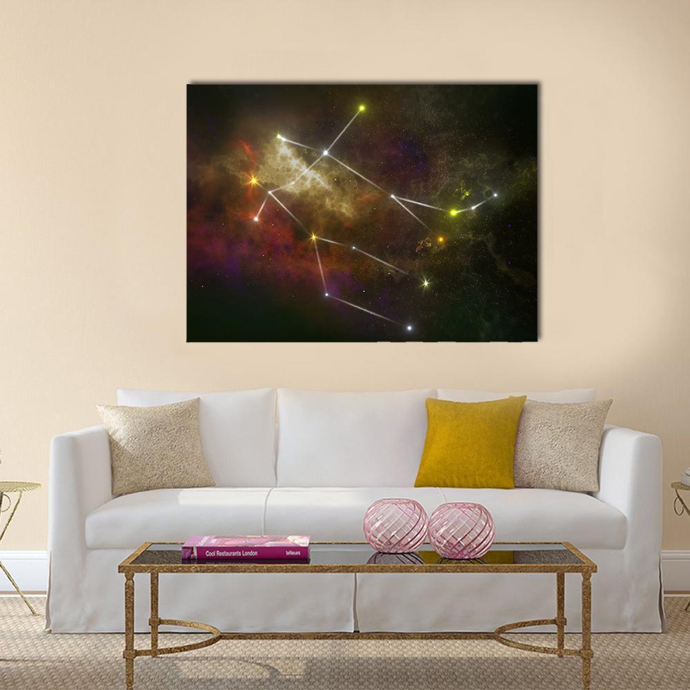 Gemini Constellation Over Swirling Nebula Canvas Wall Art in black, yellow and multicolor, single panel hung on a wall
