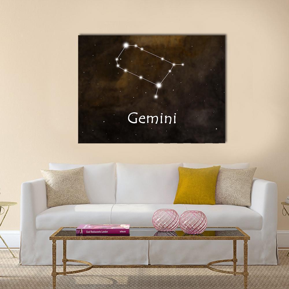 Gemini Constellation Typography Canvas Wall Art in black, white and brown, single panel hung on a wall