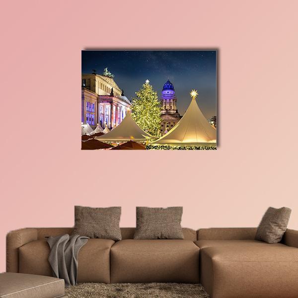 Gendarmenmarkt Christmas Market Night Canvas Wall Art in gold, yellow and blue, single panel hung on a wall