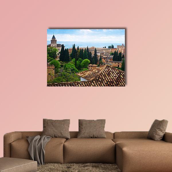 Alhambra Rooftops, Granada Canvas Wall Art in brown, green and blue, single panel hung on a wall