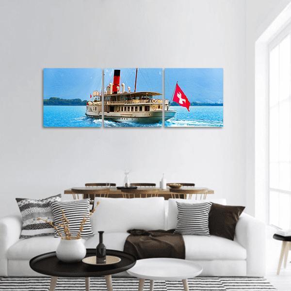 Paddle Steamer on Swiss Lake Panoramic Canvas Wall Art in white, beige and blue, hung on a wall