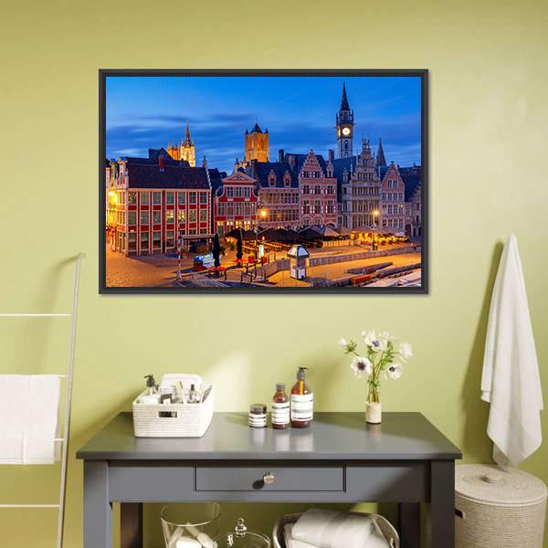 Gent City Embankment At Sunset Canvas Wall Art-1 Piece-Floating Frame-24" x 16"-Tiaracle