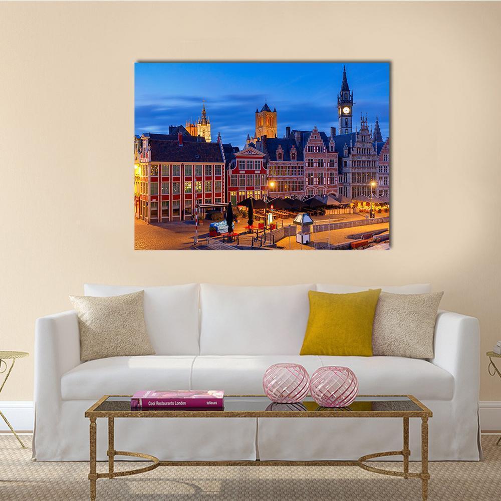 Gent City Embankment At Sunset Canvas Wall Art-5 Horizontal-Gallery Wrap-22" x 12"-Tiaracle