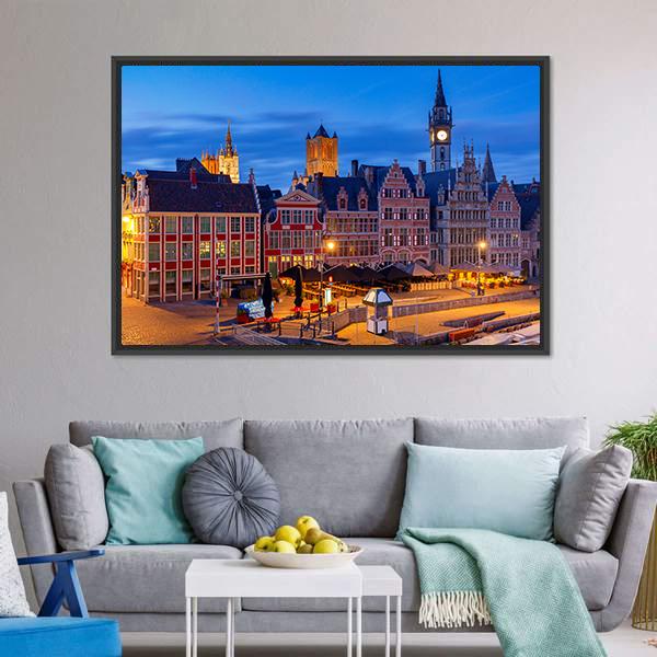 Gent City Embankment At Sunset Canvas Wall Art-3 Horizontal-Gallery Wrap-25" x 16"-Tiaracle