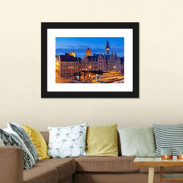 Gent City Embankment At Sunset Canvas Wall Art-3 Horizontal-Gallery Wrap-25" x 16"-Tiaracle