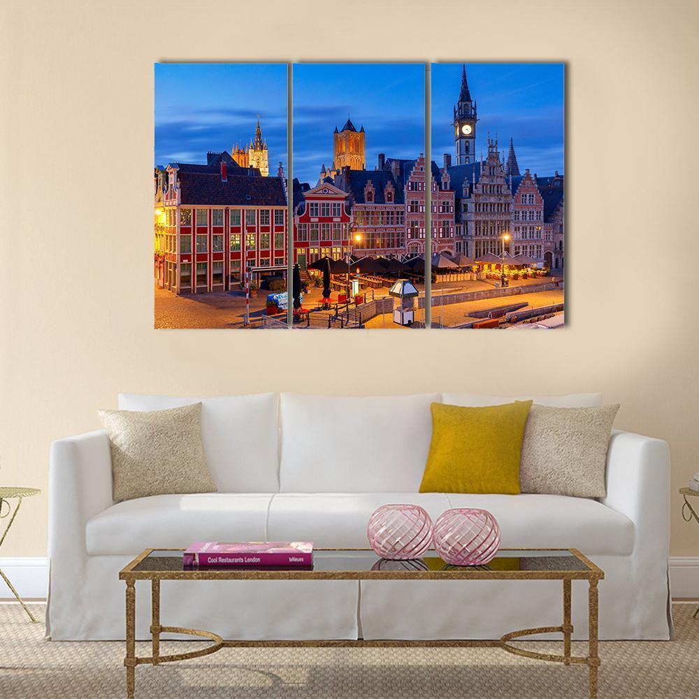 Gent City Embankment At Sunset Canvas Wall Art-3 Horizontal-Gallery Wrap-37" x 24"-Tiaracle