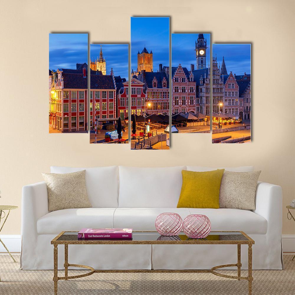 Gent City Embankment At Sunset Canvas Wall Art-5 Pop-Gallery Wrap-47" x 32"-Tiaracle