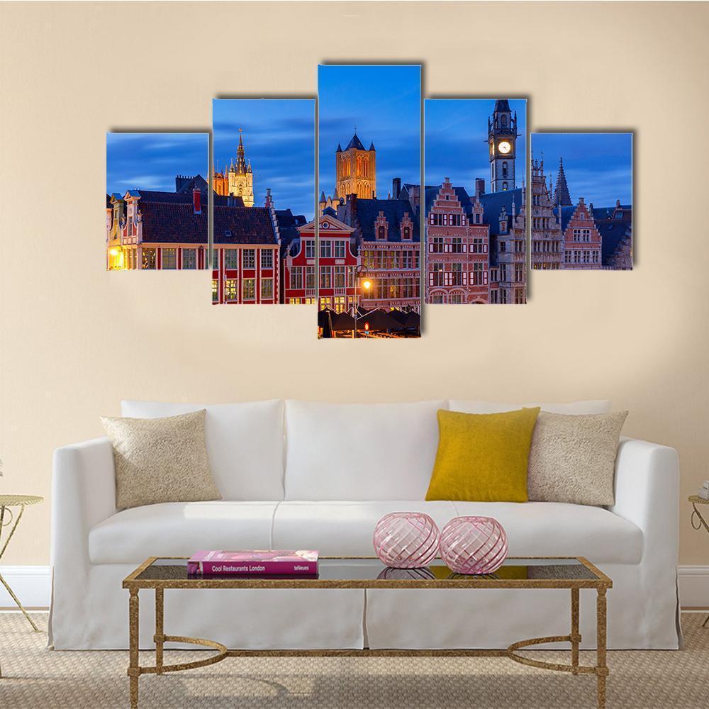 Gent City Embankment At Sunset Canvas Wall Art-5 Star-Gallery Wrap-62" x 32"-Tiaracle