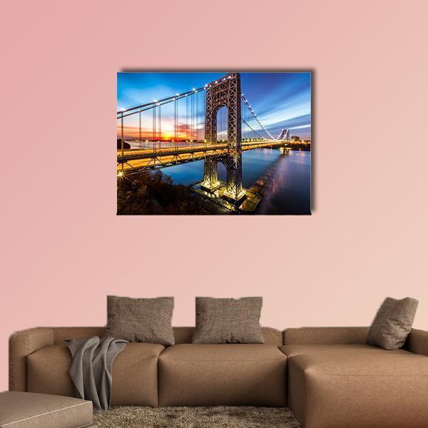 George Washington Bridge at Dusk Canvas Wall Art in orange, yellow and blue, single panel hung on a wall