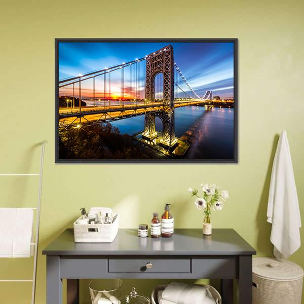 George Washington Bridge at Dusk Canvas Wall Art in orange, yellow and blue, framed canvas, product view on a white background