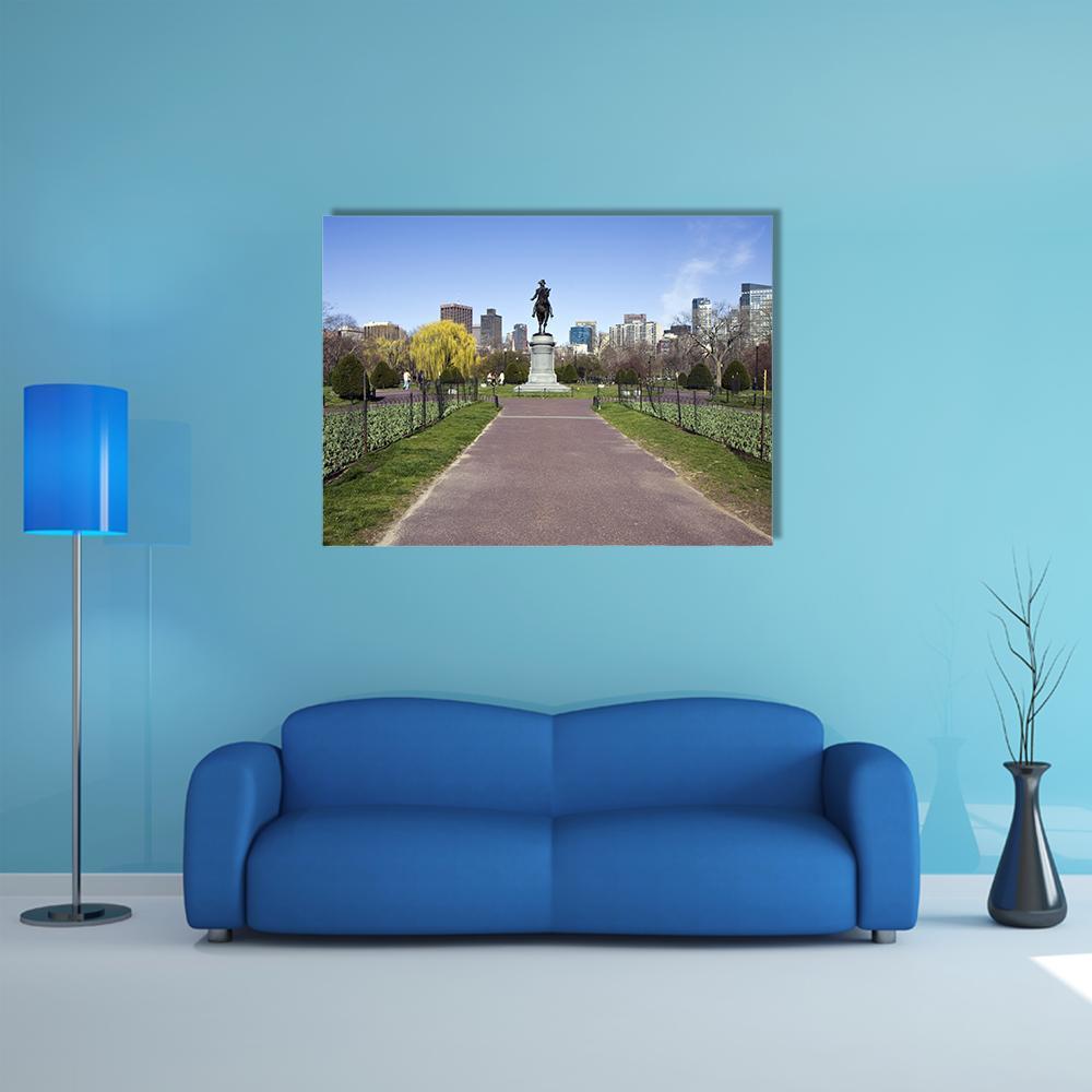 George Washington Equestrian Statue Canvas Wall Art in gray, green and blue, single panel hung on a wall