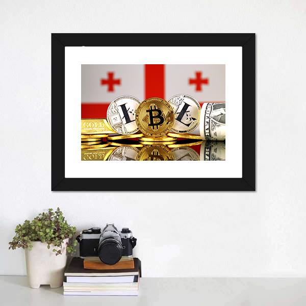 Georgia Flag With Bitcoins &amp; Litecoin Canvas Wall Art-1 Piece-Framed Print-20" x 16"-Tiaracle