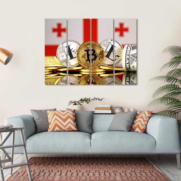 Georgia Flag With Bitcoins &amp; Litecoin Canvas Wall Art-4 Horizontal-Gallery Wrap-34" x 24"-Tiaracle