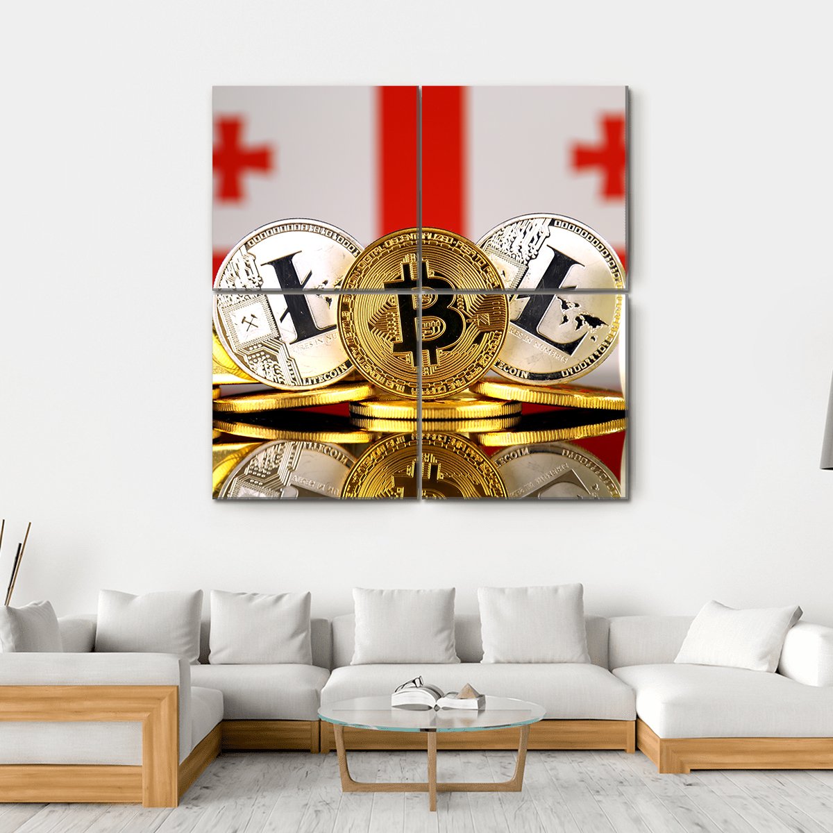 Georgia Flag With Bitcoins &amp; Litecoin Canvas Wall Art-4 Square-Gallery Wrap-17" x 17"-Tiaracle
