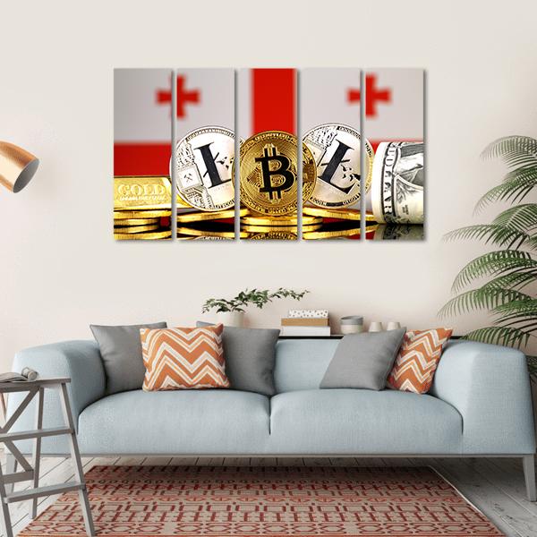 Georgia Flag With Bitcoins &amp; Litecoin Canvas Wall Art-5 Horizontal-Gallery Wrap-22" x 12"-Tiaracle
