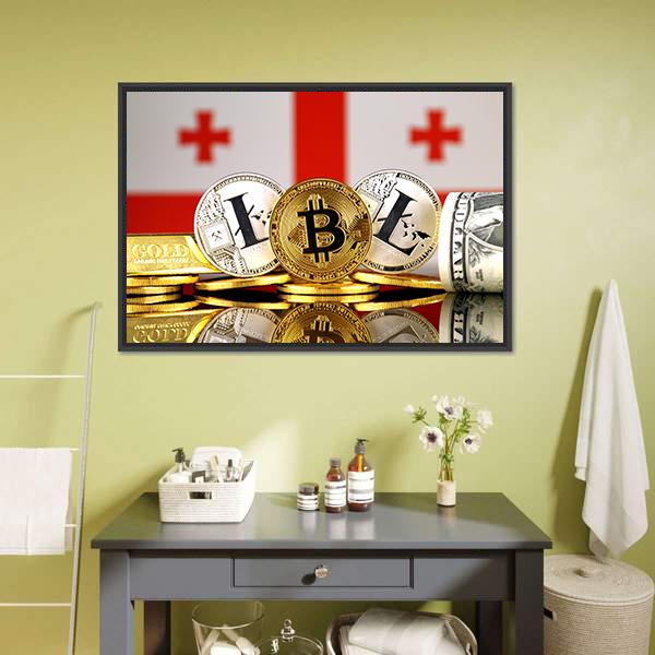 Georgia Flag With Bitcoins &amp; Litecoin Canvas Wall Art-1 Piece-Floating Frame-24" x 16"-Tiaracle