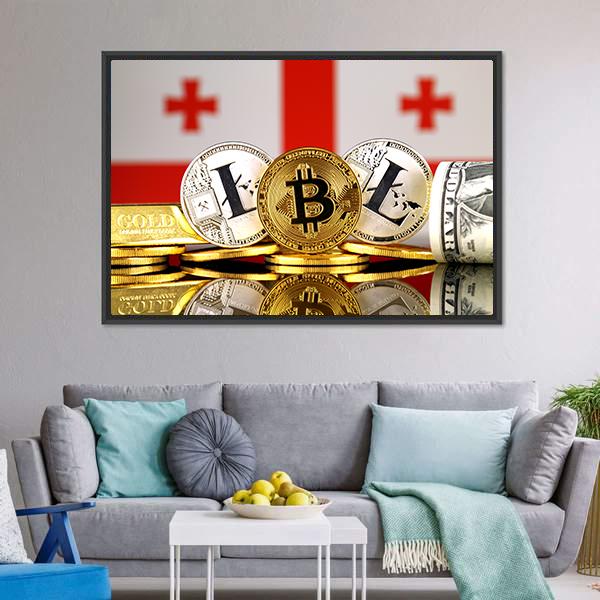 Georgia Flag With Bitcoins &amp; Litecoin Canvas Wall Art-3 Horizontal-Gallery Wrap-25" x 16"-Tiaracle