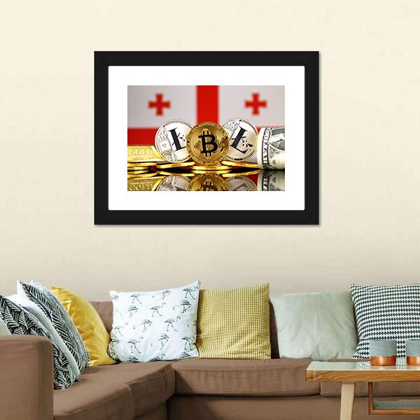 Georgia Flag With Bitcoins & Litecoin Canvas Wall Art-3 Horizontal-Gallery Wrap-25" x 16"-Tiaracle