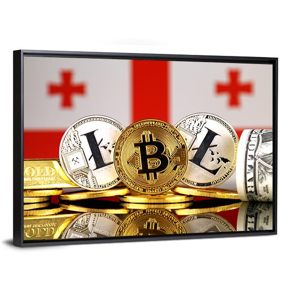 Georgia Flag With Bitcoins & Litecoin Canvas Wall Art-5 Horizontal-Gallery Wrap-22" x 12"-Tiaracle