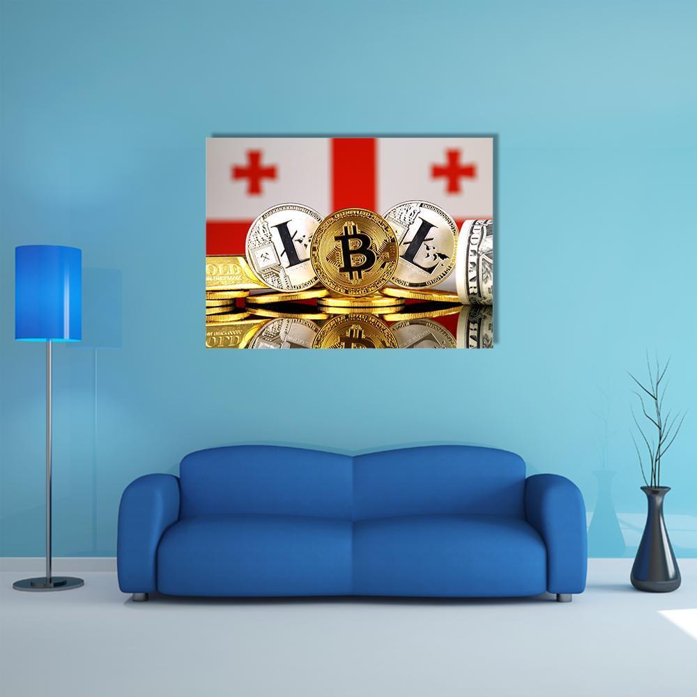 Georgia Flag with Bitcoin, Litecoin &amp; Dollar Coins Canvas Wall Art in white, gold and red, single panel hung on a wall