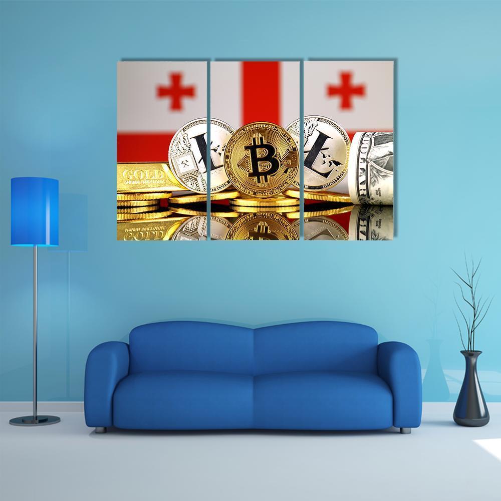 Georgia Flag With Bitcoins &amp; Litecoin Canvas Wall Art-3 Horizontal-Gallery Wrap-37" x 24"-Tiaracle
