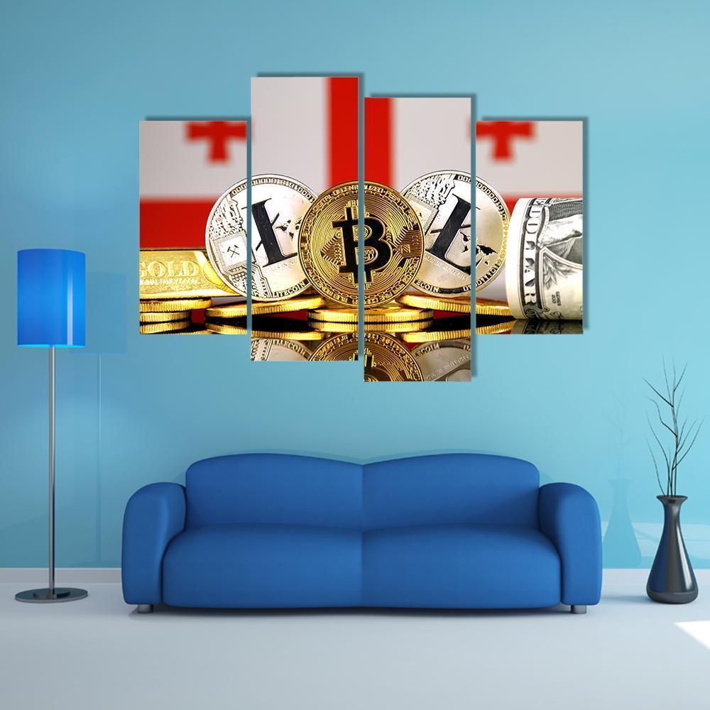 Georgia Flag With Bitcoins &amp; Litecoin Canvas Wall Art-4 Pop-Gallery Wrap-50" x 32"-Tiaracle