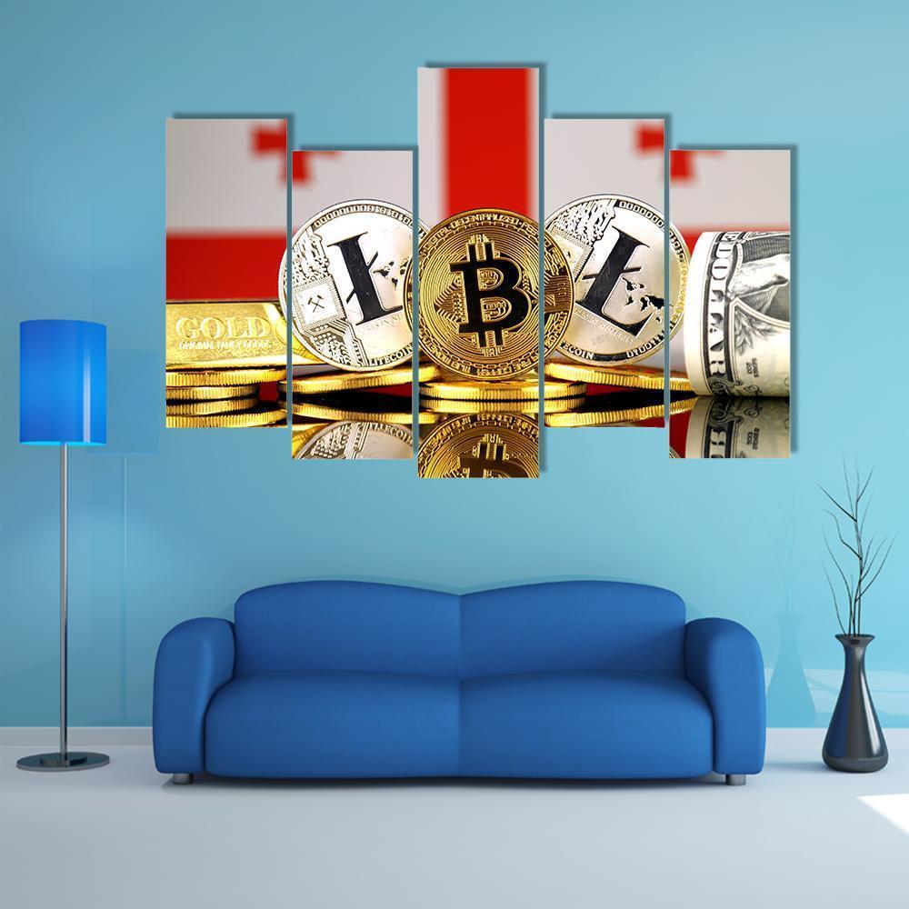 Georgia Flag With Bitcoins &amp; Litecoin Canvas Wall Art-5 Pop-Gallery Wrap-47" x 32"-Tiaracle