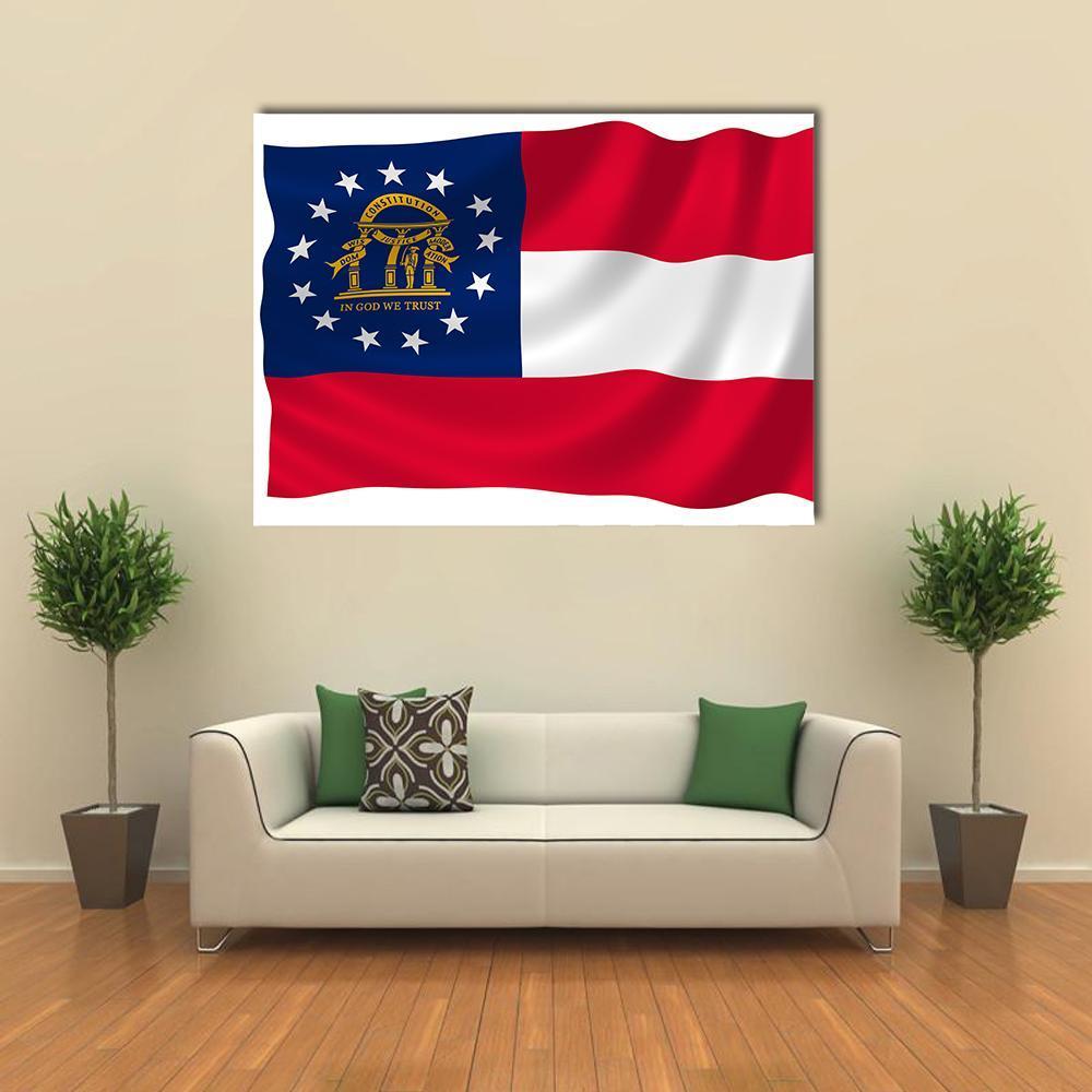 Georgia State Flag Canvas Wall Art in white, red and blue, single panel hung on a wall