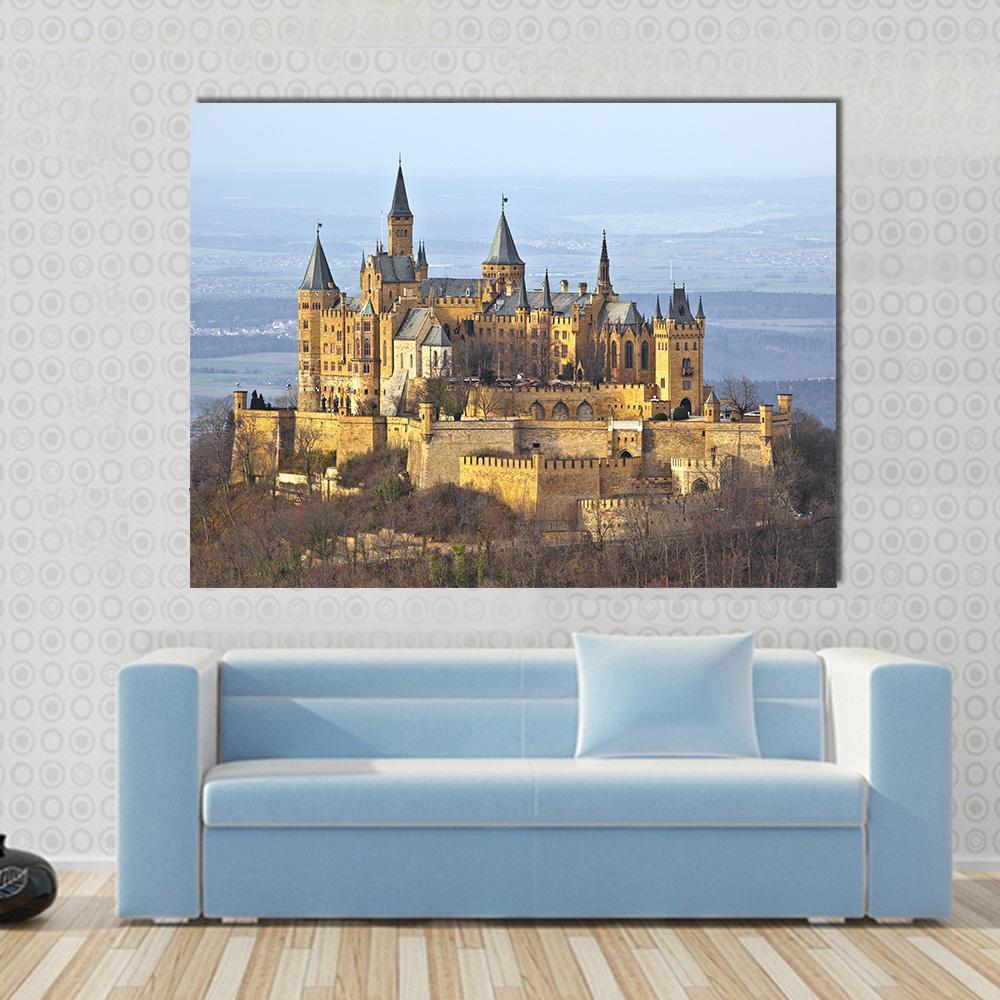 Hohenzollern Castle Canvas Wall Art in gold, yellow and blue, single panel hung on a wall