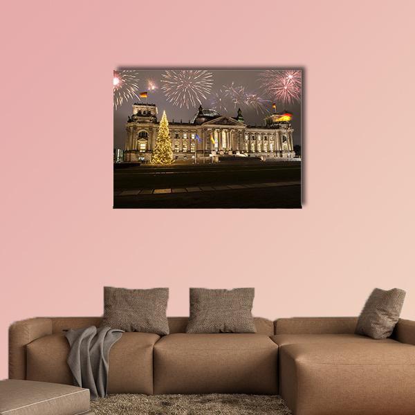 German Parliament in Berlin with Fireworks Canvas Wall Art in black, gray and gold, single panel hung on a wall