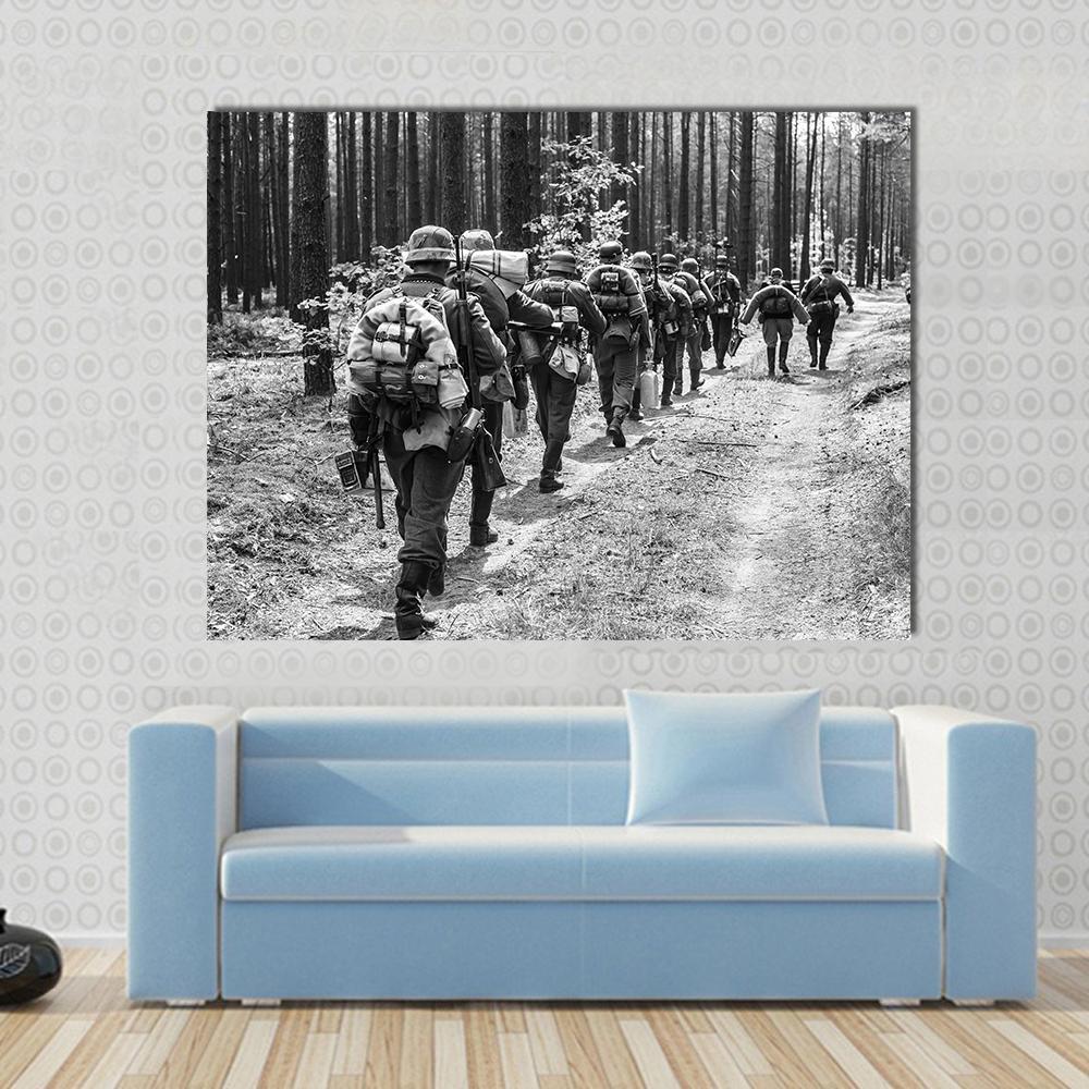 German Soldiers Marching on Forest Path Canvas Wall Art in black, white and gray, single panel hung on a wall