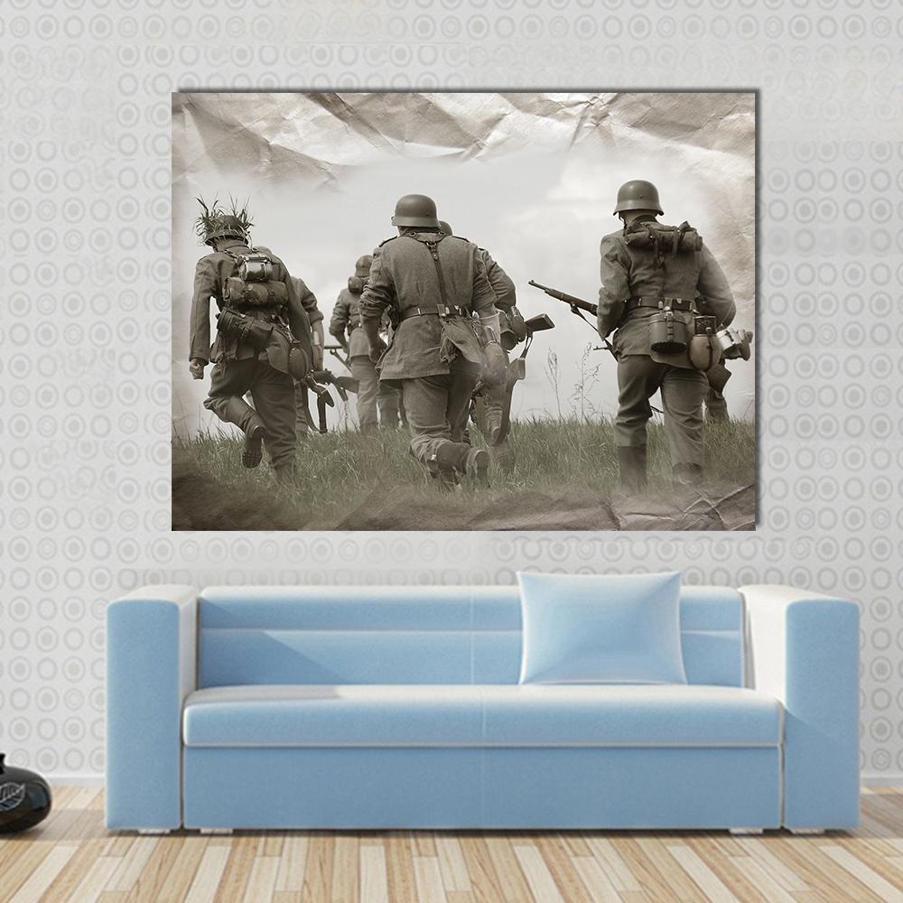 German Soldiers Ww2 Reenacting Canvas Wall Art in black, gray and beige, single panel hung on a wall