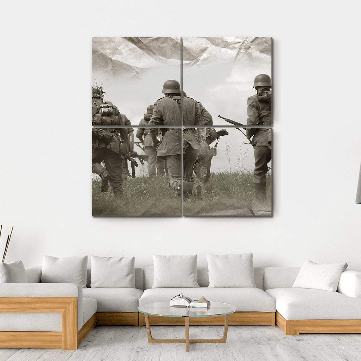 WWII German Soldiers Reenacting in Field Canvas Wall Art in black, gray and beige, hung on a wall