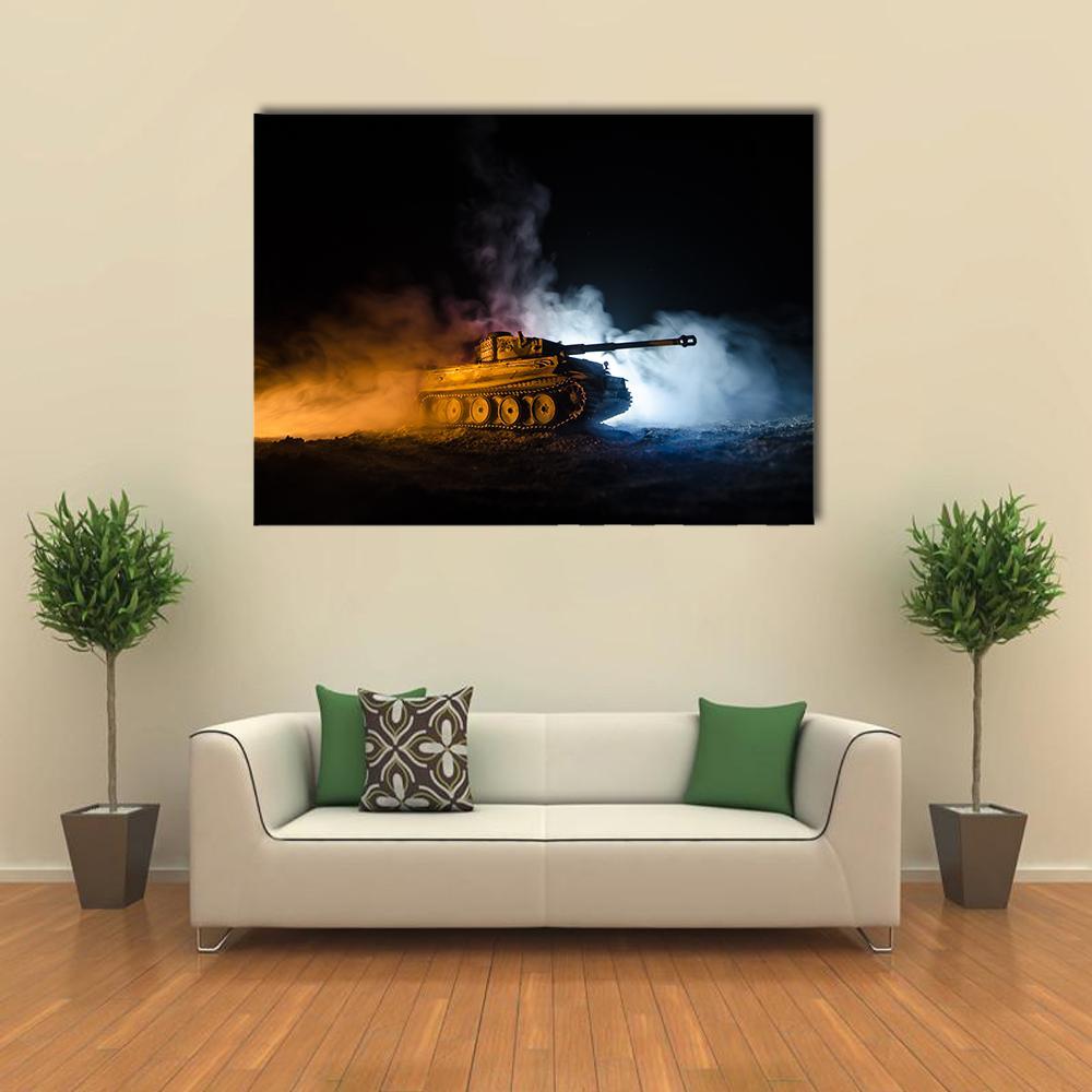 German Tiger I Tank in Action Canvas Wall Art in black, orange and blue, single panel hung on a wall