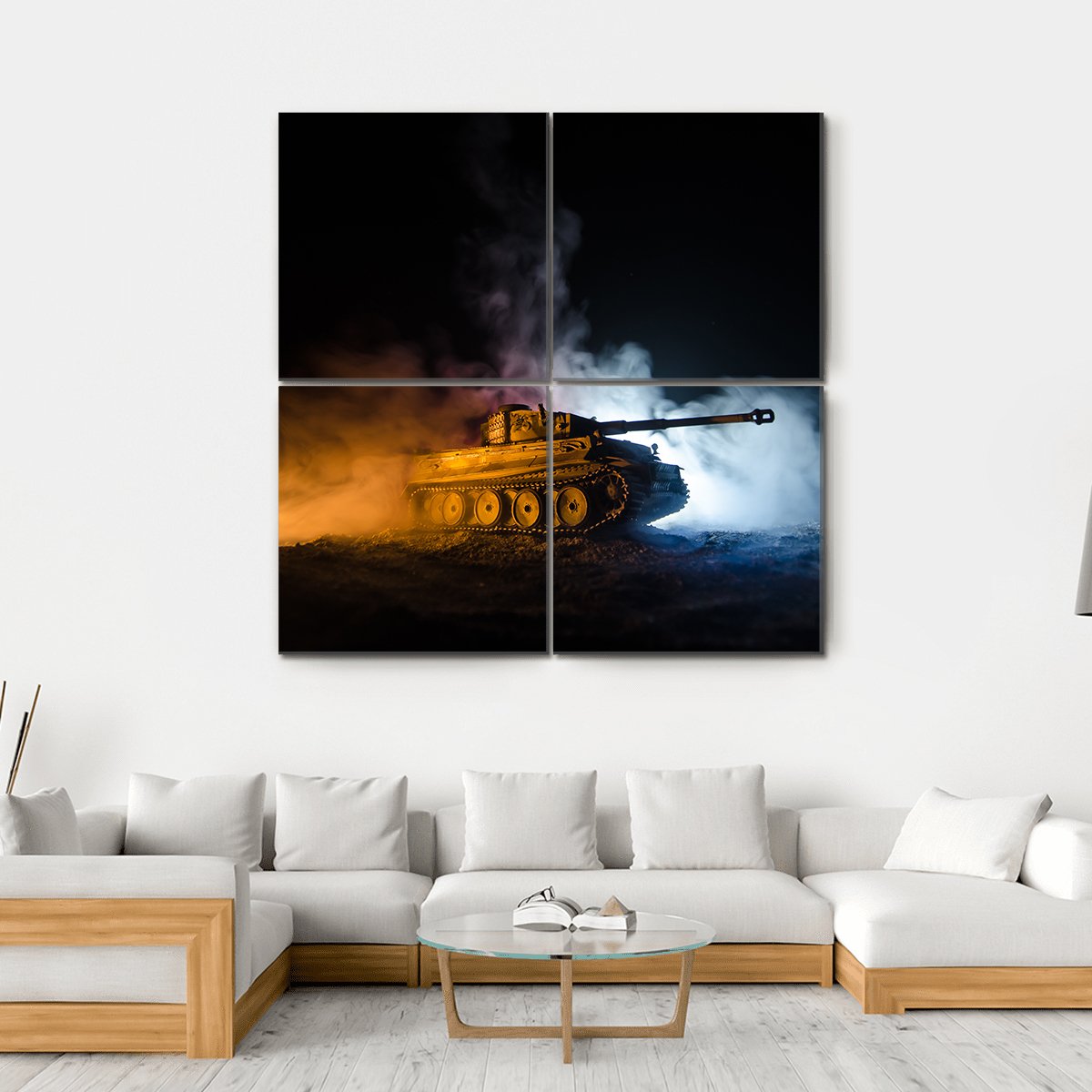 German Tiger I Tank in Action Canvas Wall Art in black, orange and blue, hung on a wall