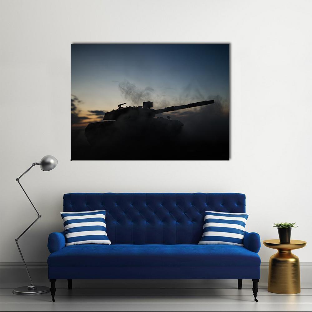 German Tank Silhouette Canvas Wall Art in black and blue, single panel hung on a wall