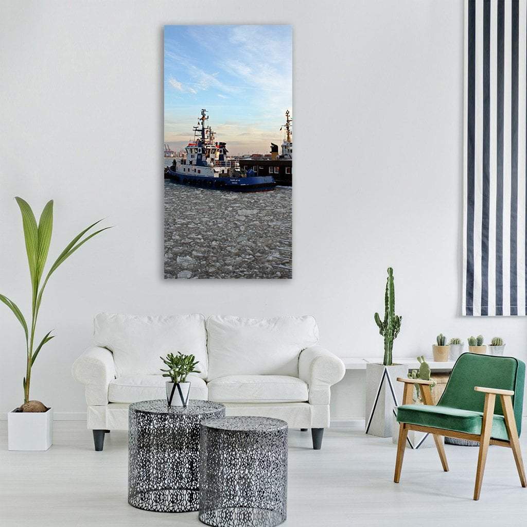 Fairplay Iv Tugboat Among Ice Floes Vertical Canvas Wall Art in white, gray and blue, single vertical panel hung on a wall
