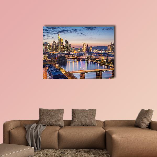 Frankfurt Financial District Skyline Canvas Wall Art in orange, yellow and blue, single panel hung on a wall