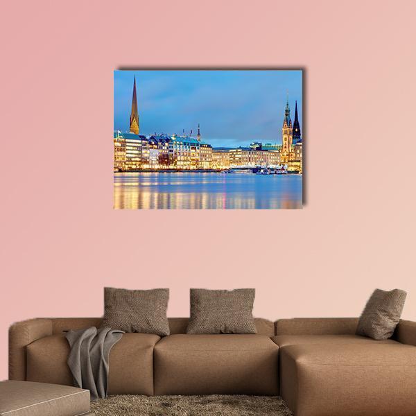 Town Hall and River Alster Canvas Wall Art in gold, yellow and blue, single panel hung on a wall
