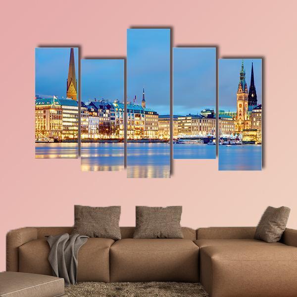 Town Hall & River Alster Canvas Wall Art-5 Pop-Gallery Wrap-47" x 32"-Tiaracle