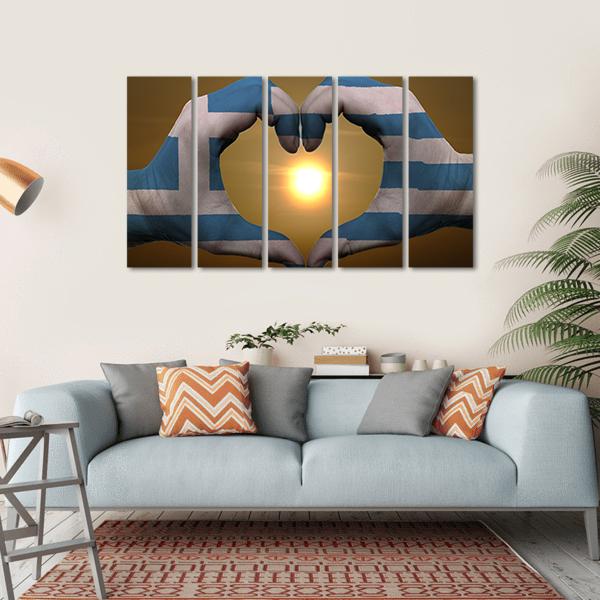 Greece Flag On Hands Canvas Wall Art-5 Horizontal-Gallery Wrap-22" x 12"-Tiaracle
