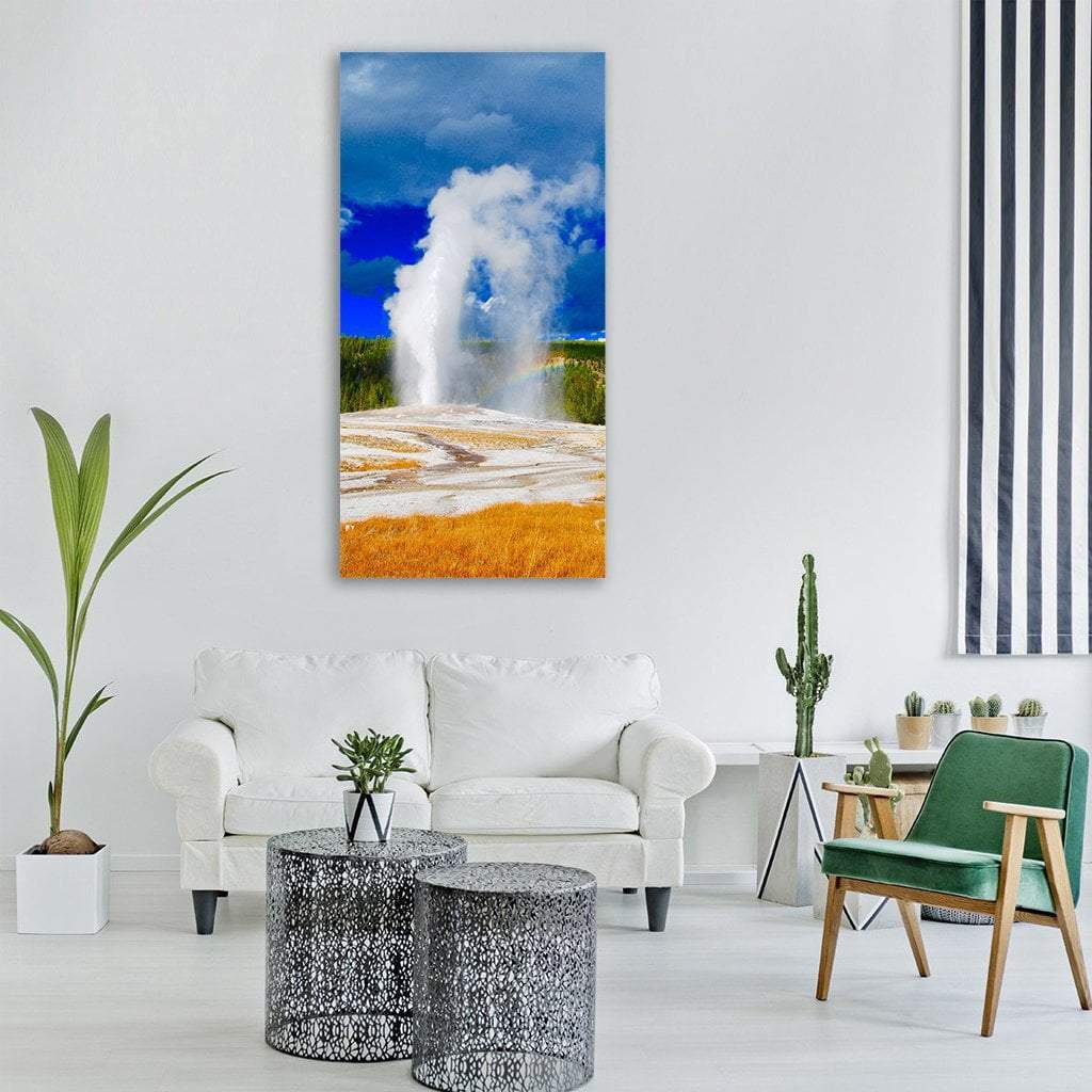 Yellowstone Geyser with Rainbow Vertical Canvas Wall Art in white, orange and blue, single vertical panel hung on a wall