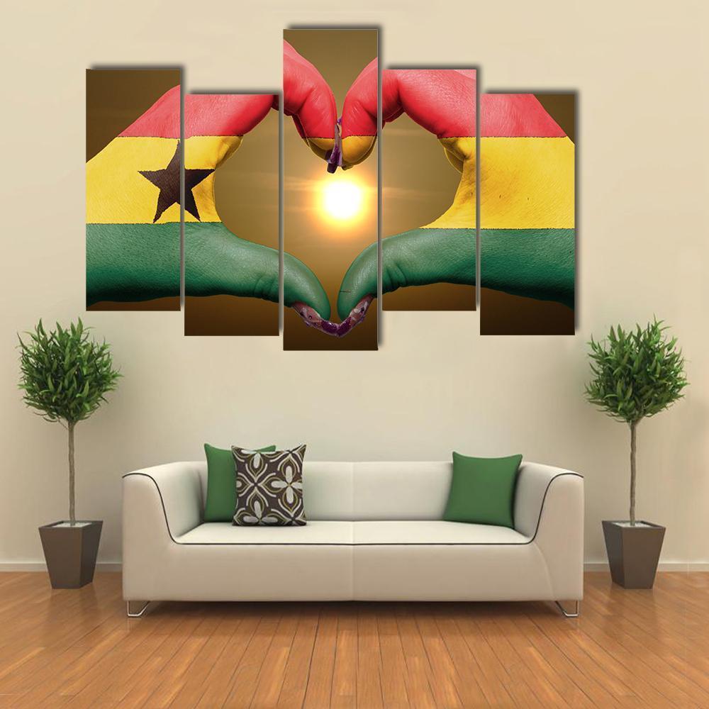 Ghana Flag On Hands Canvas Wall Art-5 Pop-Gallery Wrap-47&quot; x 32&quot;-Tiaracle