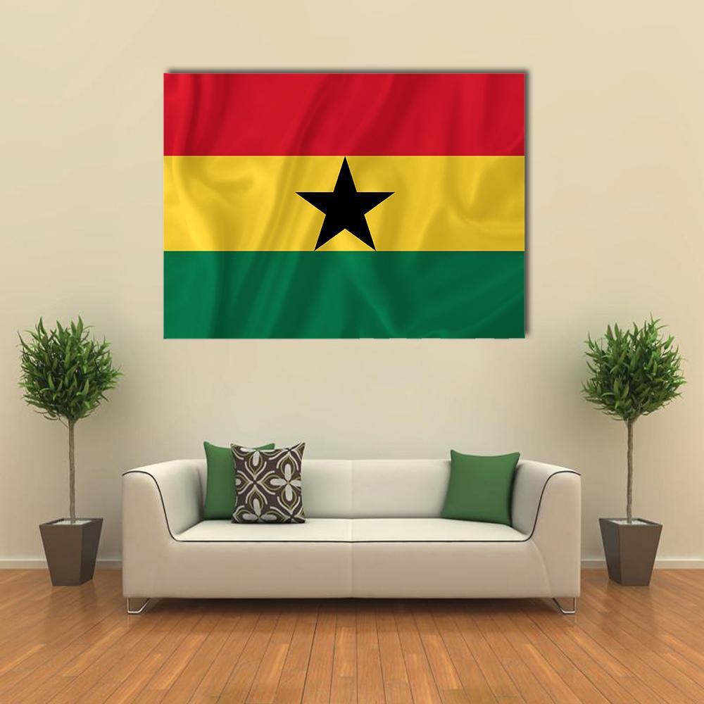 Waving Ghana Flag with Black Star Canvas Wall Art in red, yellow and green, single panel hung on a wall