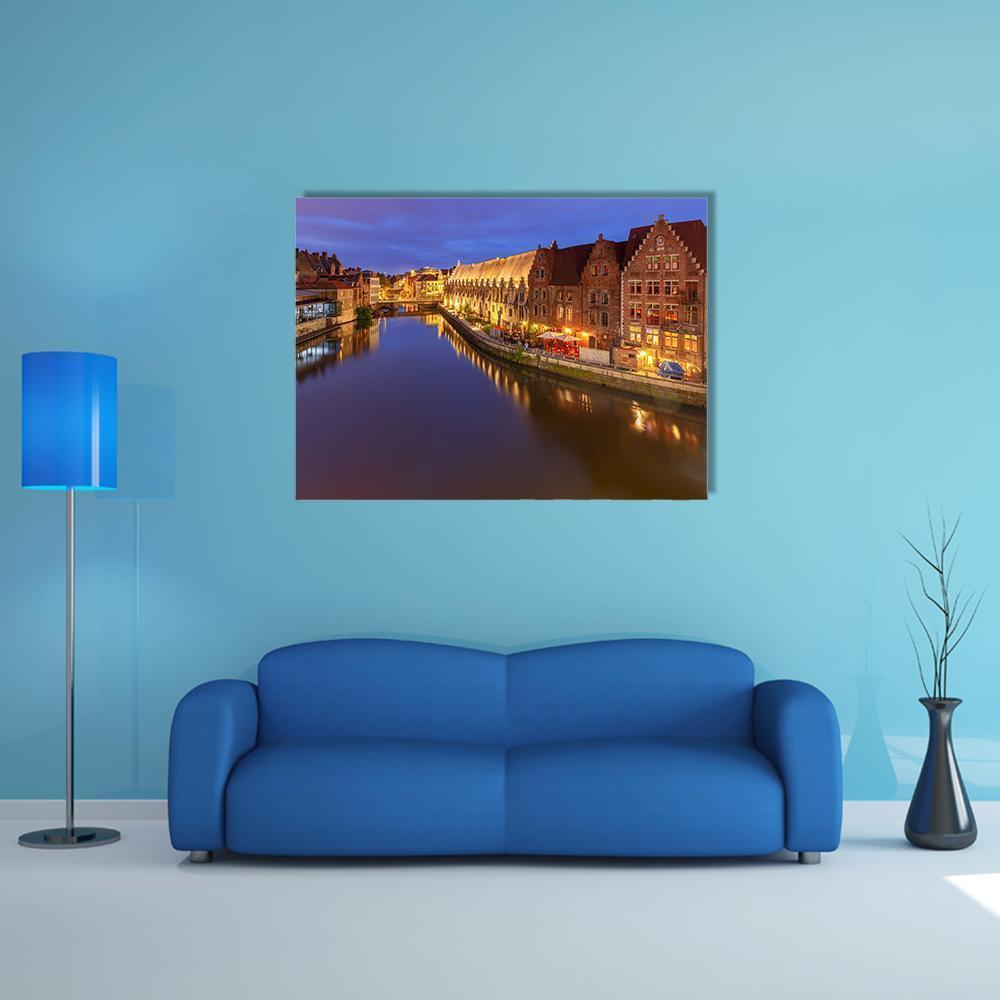 Ghent Canal at Dusk Canvas Wall Art in brown, gold and blue, single panel hung on a wall