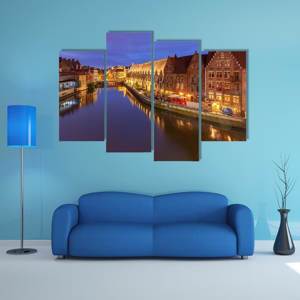 Ghent City At Sunset Canvas Wall Art-4 Pop-Gallery Wrap-50" x 32"-Tiaracle